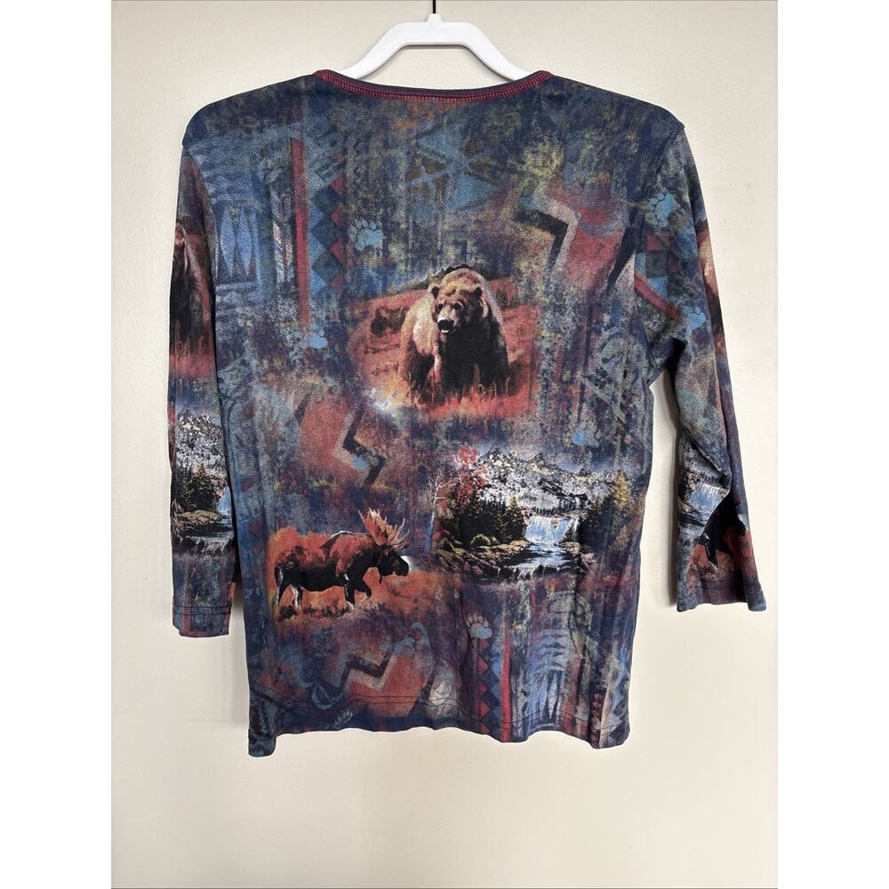 Vintage Y2K Cactus Bay XL Bear Moose Rhinestone Wildlife 3/4 Sleeve USA Top - Picture 4 of 6